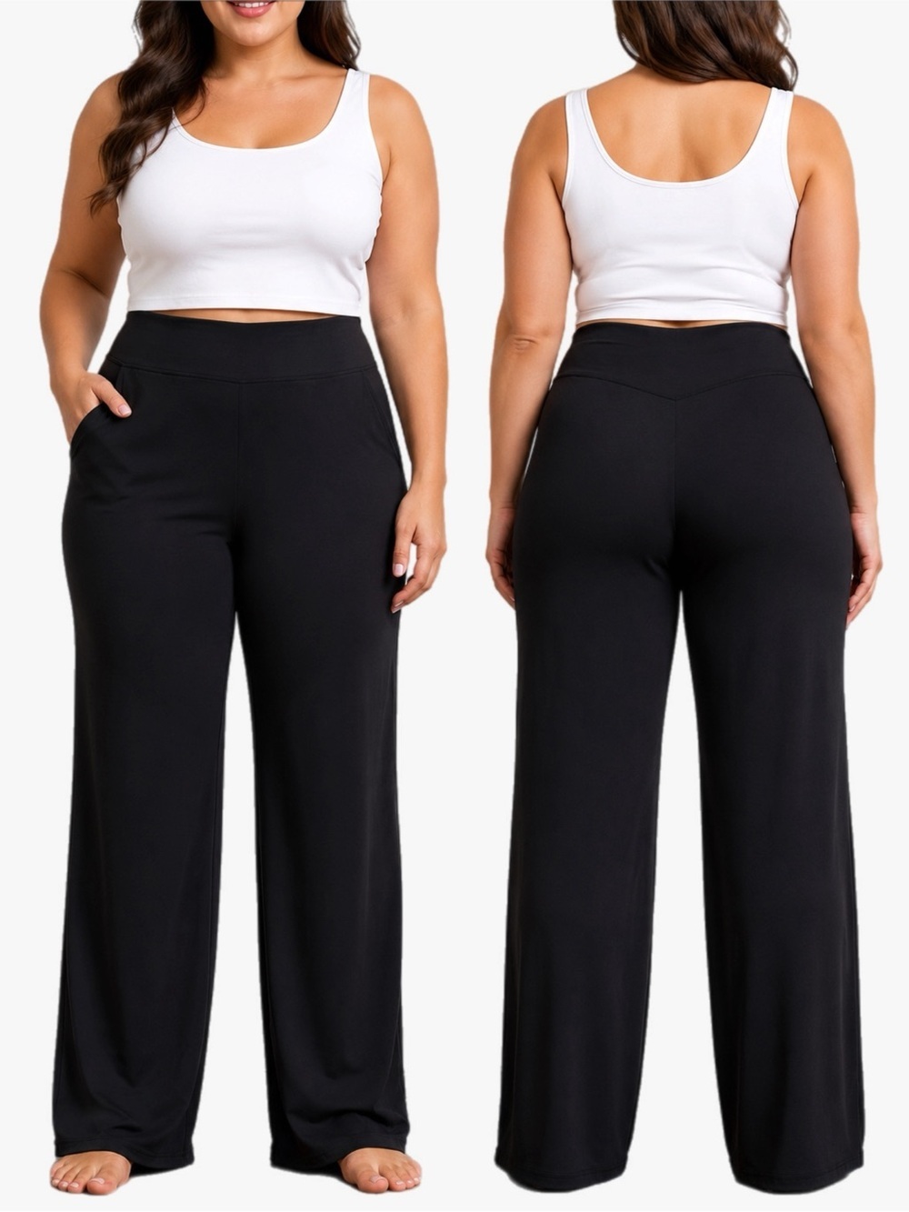 Promover Plus Size XXL Black High Rise Wide Leg Yoga Pants with Pockets
